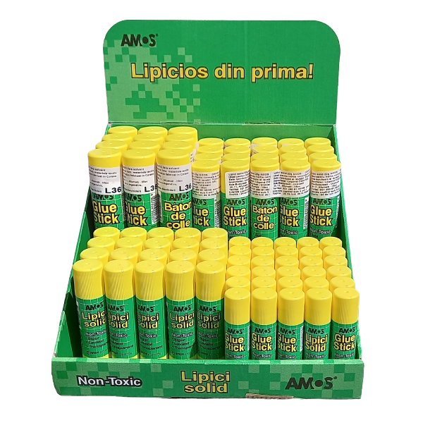 Display - Lipici solid Amos, 30x8g, 20x15g, 20x20g, 12x35g, fara solvent, set 82 buc