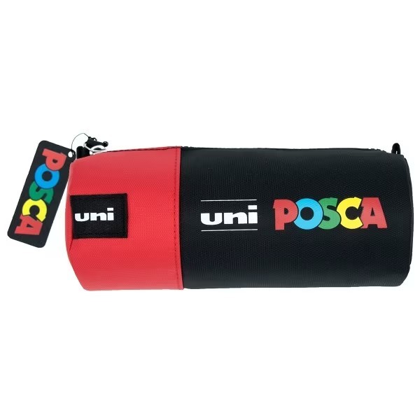 Penar echipat UNI Posca 44996, cilindric, 1 fermoar, negru cu rosu, 16 markere (6x5M, 6x3M, 4x1M)