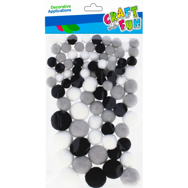 Pom Pom, 10-20mm, alb, negru, gri, set 90 buc, Craft with Fun, 501474