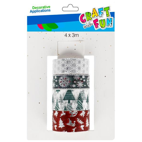 Banda decorativa - motive Craciun, 1-2cm x 3m, diverse culori, set 4 buc, Craft with Fun, 521569