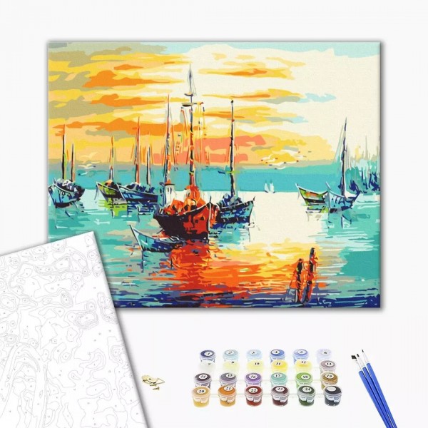 Set Pictura pe numere 40x50cm, Brushme - Barci pe mare - panza, cadru de lemn, pensule, culori acrilice, BS52196