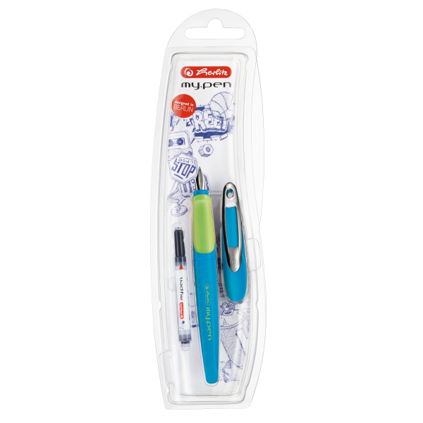 Stilou Herlitz my.pen, penita iridium, alimentare rezerve, grip cauciucat, corp plastic belu, blister (+1 rezerva)