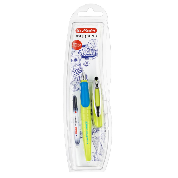 Stilou Herlitz my.pen, penita iridium, alimentare rezerve, grip cauciucat, corp plastic galben lemon, blister (+1 rezerva)