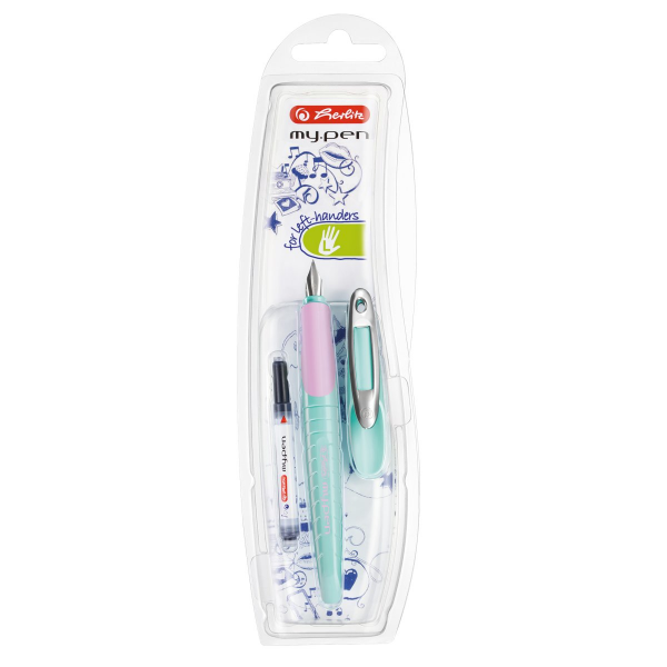 Stilou Herlitz my.pen, penita iridium, alimentare rezerve, grip cauciucat, corp plastic turcoaz, blister (+1 rezerva)