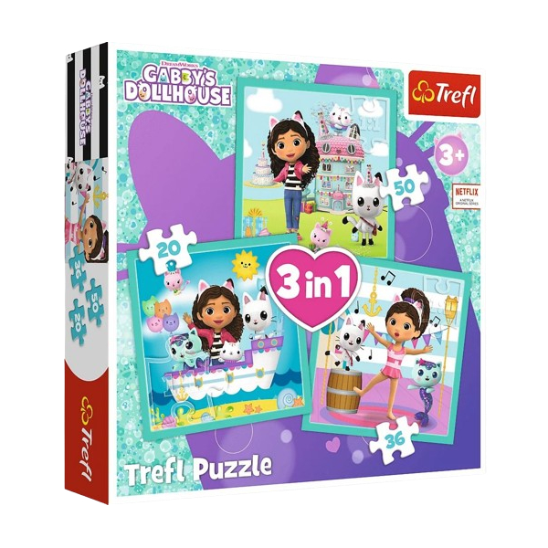 Puzzle carton 3in1 20, 36, 50 piese Trefl Gabby's Dollhouse - Activitatile Lui Gabby, 539300, 3+ ani