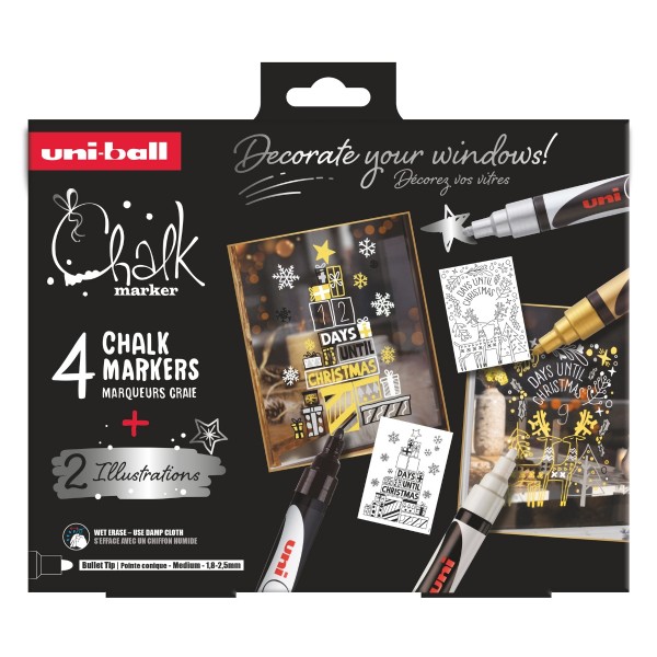 Set 4x Marker cu creta UNI Chalk PWE-5M XMAS Scandinavian, 1.8-2.5mm, alb, auriu, argintiu, negru + 2 sabloane A3