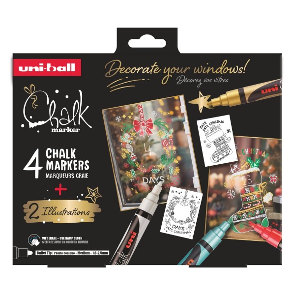 Set 4x Marker cu creta UNI Chalk PWE-5M XMAS Traditional, 1.8-2.5mm, alb, auriu, verde, rosu + 2 sabloane A3