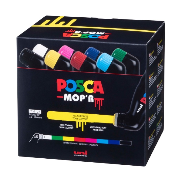 Marker UNI Posca Mop'r PCM22, varf rotund buretat, 3.0-19.0mm, set 8 culori