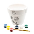 Accesorii creatie ceramica - ghiveci alb cu desene, pentru pictat / colorat + 6 culori si pensula, 12.3 cm, Colorarte BS2006