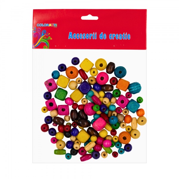 Accesorii creatie - lemn - margele, diverse culori si dimensiuni, set 150 buc, Colorarte, MY09