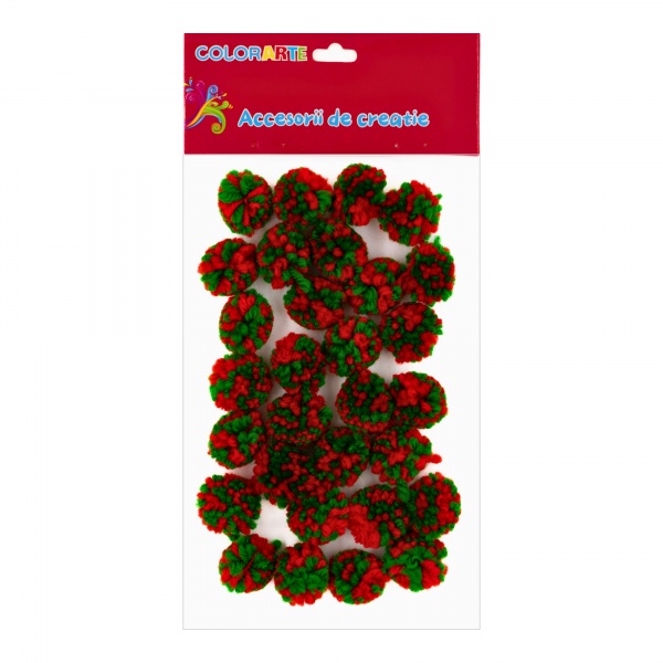 Accesorii creatie - Pom Pom textil, rosu/verde, 25mm, set 30 buc, Colorarte, MY28