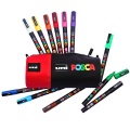 Penar echipat UNI Posca, negru cu rosu, 16 markere (6x5M, 6x3M, 4x1MR)