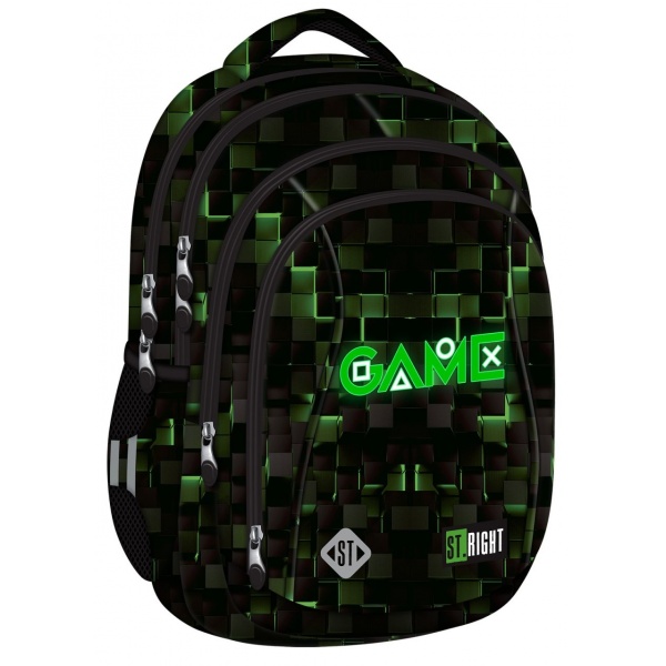 Ghiozdan St.Majewski St.Right Green Game, 43cm, 4 compartimente, negru cu verde