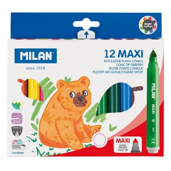 Carioci colorate Milan Jumbo Maxi 80020, 12 culori, varf 7.5mm, blister carton