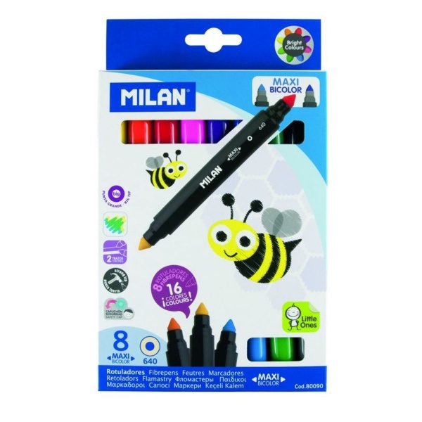 Carioci colorate Milan Maxi Bicolor 80090, 2 capete, 8 culori, blister carton