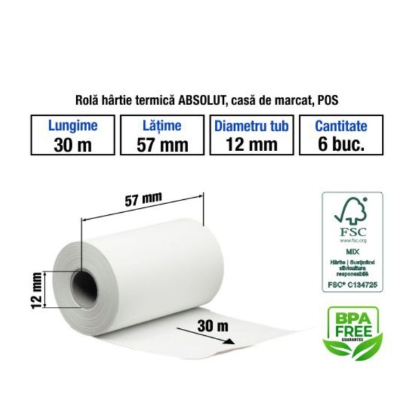 Hartie termica pentru casa de marcat si POS, 57mm x 30m, alb, 1 exemplar, set 10 role