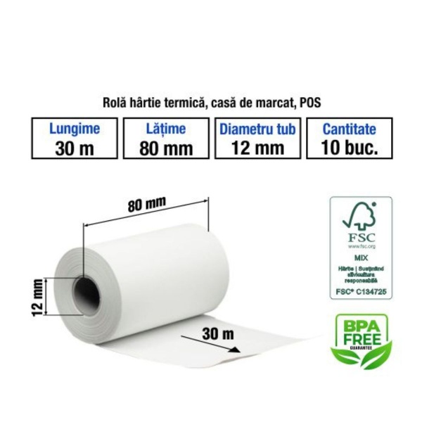 Hartie termica pentru casa de marcat si POS, 80mm x 30m, alb, 1 exemplar, set 10 role