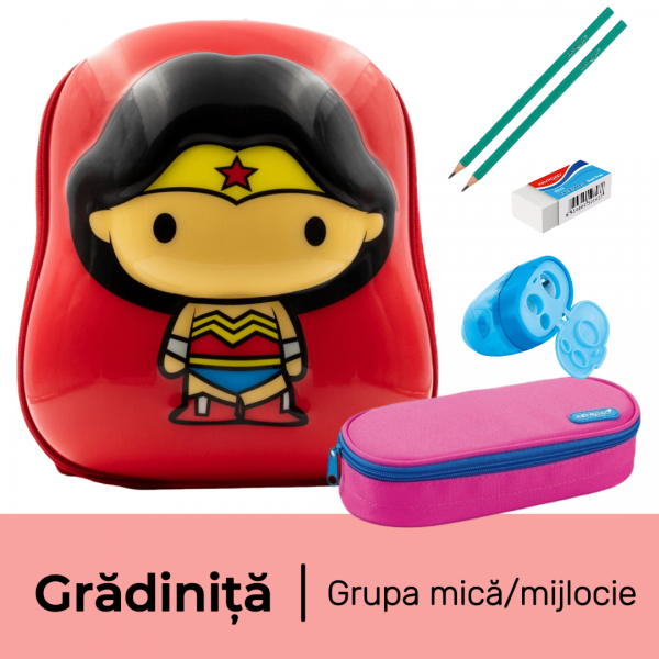 Pachet rechizite gradinita grupa mica/mijlocie, Ghiozdan echipat de baza, fata, 6 piese