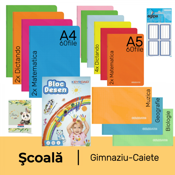 Pachet rechizite scoala clasele 5-8, PACHET CAIETE, fata/baiat, 16 piese